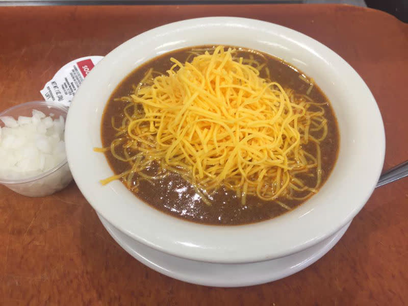 Camp Washington Chili signature dishes  Cincinnati Chili (3-Way, 4-Way, 5-Way), Cheese Coneys, Chili Cheese Fries, Double Decker Sandwiches.